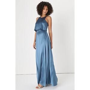 NWOT Lulus Lovely Wonder Slate Blue Satin Sleeveless Maxi Dress